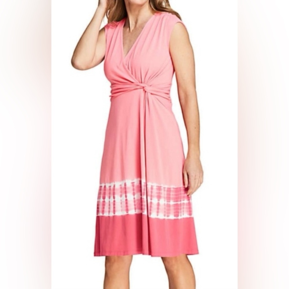 Lands' End Pink Tie-Dye Midi Dress. Size S. Faux Wrap, Twist Waist.